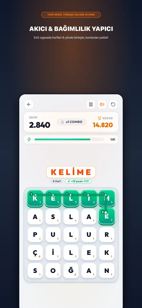 KelimeGO 5x5 Izgara Oynanışı